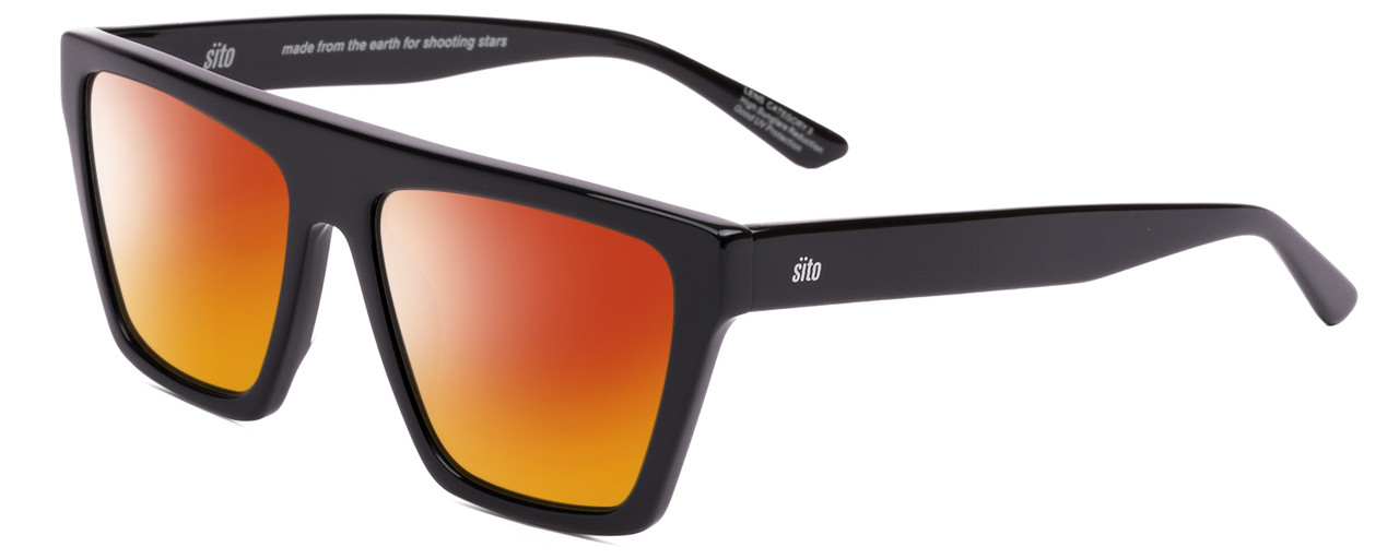 Profile View of SITO SHADES BENDER Designer Polarized Sunglasses with Custom Cut Red Mirror Lenses in Black Ladies Rectangular Full Rim Acetate 57 mm