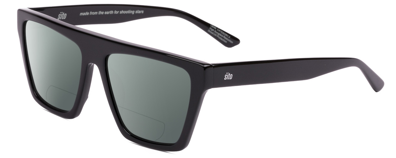 Profile View of SITO SHADES BENDER Designer Polarized Reading Sunglasses with Custom Cut Powered Smoke Grey Lenses in Black Ladies Rectangular Full Rim Acetate 57 mm