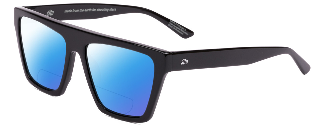 Profile View of SITO SHADES BENDER Designer Polarized Reading Sunglasses with Custom Cut Powered Blue Mirror Lenses in Black Ladies Rectangular Full Rim Acetate 57 mm