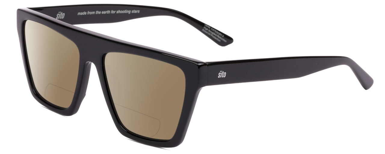 Profile View of SITO SHADES BENDER Designer Polarized Reading Sunglasses with Custom Cut Powered Amber Brown Lenses in Black Ladies Rectangular Full Rim Acetate 57 mm
