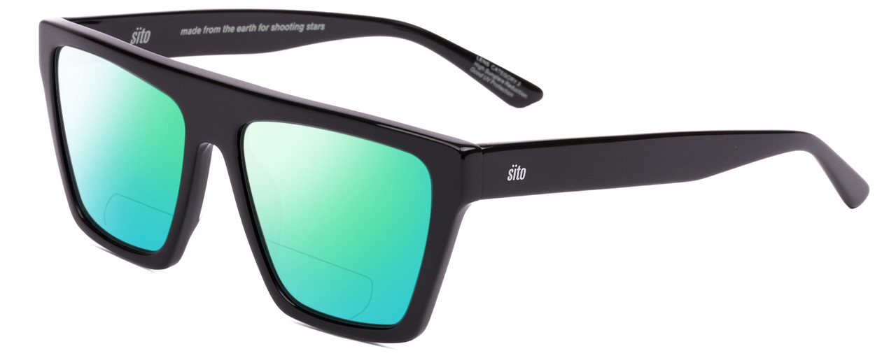 Profile View of SITO SHADES BENDER Designer Polarized Reading Sunglasses with Custom Cut Powered Green Mirror Lenses in Black Ladies Rectangular Full Rim Acetate 57 mm