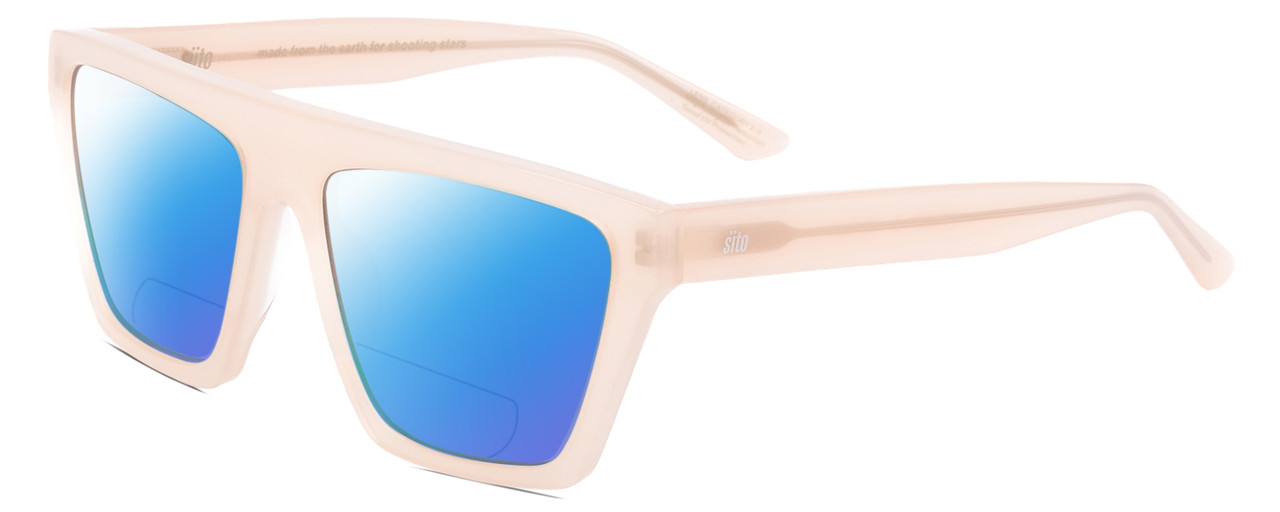 Profile View of SITO SHADES BENDER Designer Polarized Reading Sunglasses with Custom Cut Powered Blue Mirror Lenses in Vanilla Pink Crystal Ladies Rectangular Full Rim Acetate 57 mm