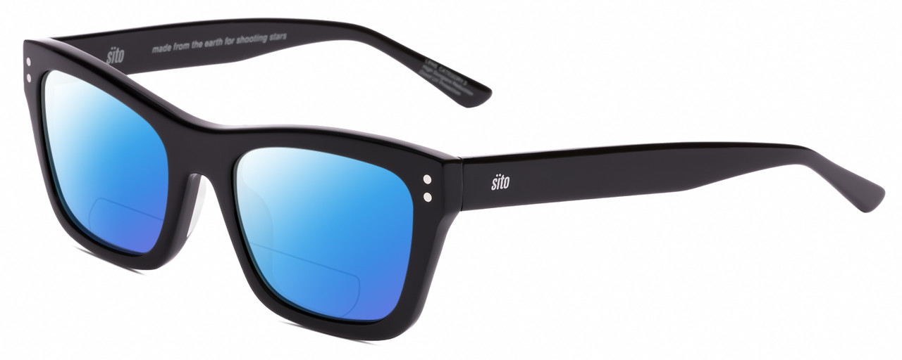 Profile View of SITO SHADES BREAK OF DAWN Designer Polarized Reading Sunglasses with Custom Cut Powered Blue Mirror Lenses in Black   Unisex Square Full Rim Acetate 54 mm