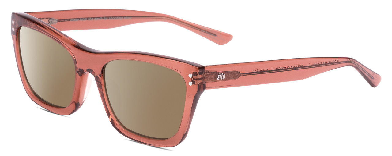 Profile View of SITO SHADES BREAK OF DAWN Designer Polarized Sunglasses with Custom Cut Amber Brown Lenses in Desert Flower Pink Crystal Unisex Square Full Rim Acetate 54 mm