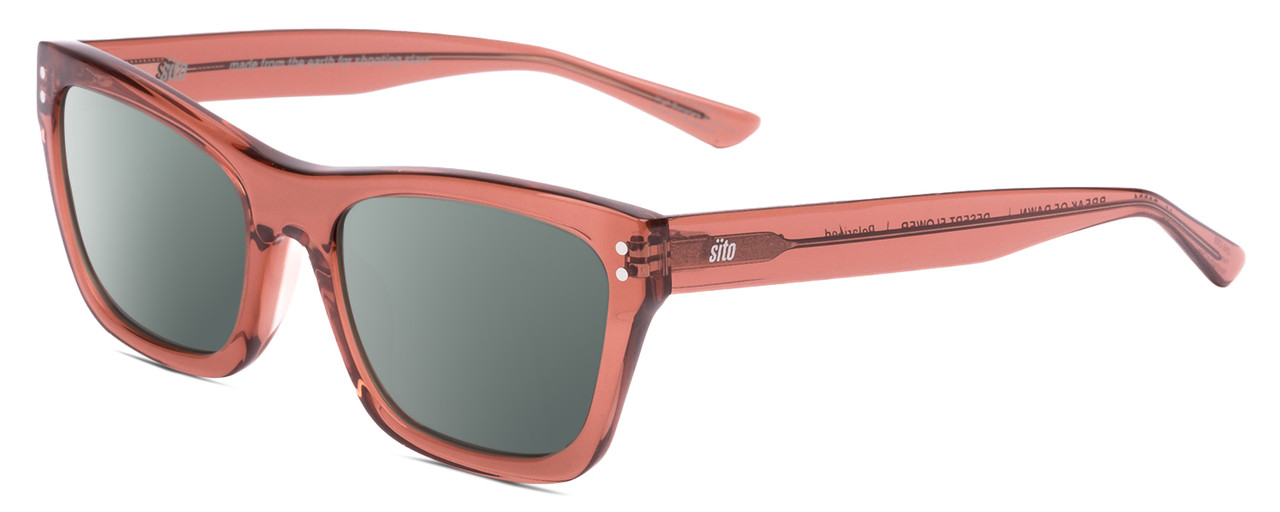 Profile View of SITO SHADES BREAK OF DAWN Designer Polarized Sunglasses with Custom Cut Smoke Grey Lenses in Desert Flower Pink Crystal Unisex Square Full Rim Acetate 54 mm