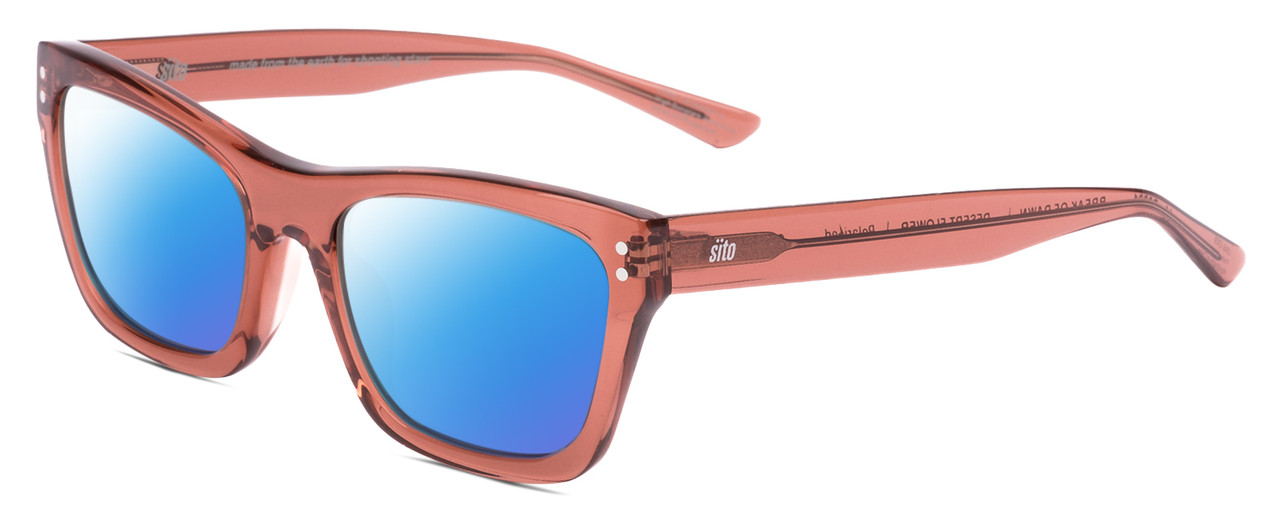 Profile View of SITO SHADES BREAK OF DAWN Designer Polarized Sunglasses with Custom Cut Blue Mirror Lenses in Desert Flower Pink Crystal Unisex Square Full Rim Acetate 54 mm