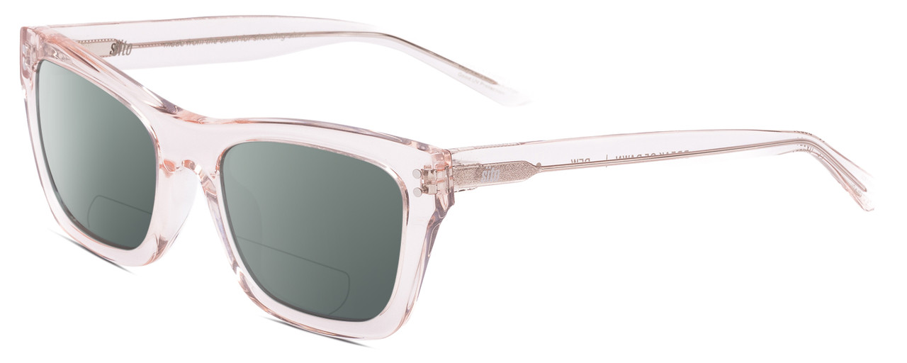 Profile View of SITO SHADES BREAK OF DAWN Designer Polarized Reading Sunglasses with Custom Cut Powered Smoke Grey Lenses in Dew Clear Pink Crystal Unisex Square Full Rim Acetate 54 mm