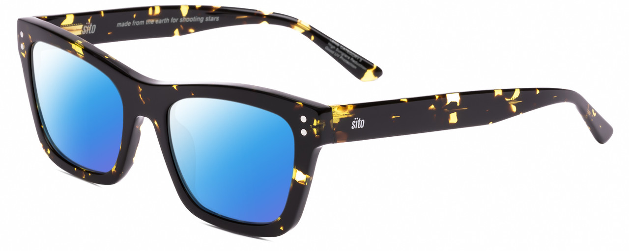 Profile View of SITO SHADES BREAK OF DAWN Designer Polarized Sunglasses with Custom Cut Blue Mirror Lenses in Limeade Yellow Black Tortoise Unisex Square Full Rim Acetate 54 mm