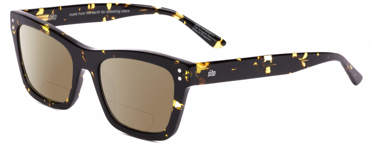 Profile View of SITO SHADES BREAK OF DAWN Designer Polarized Reading Sunglasses with Custom Cut Powered Amber Brown Lenses in Limeade Yellow Black Tortoise Unisex Square Full Rim Acetate 54 mm