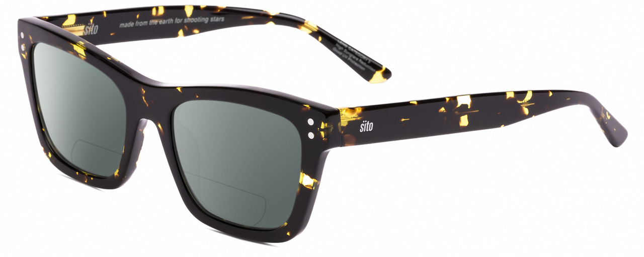 Profile View of SITO SHADES BREAK OF DAWN Designer Polarized Reading Sunglasses with Custom Cut Powered Smoke Grey Lenses in Limeade Yellow Black Tortoise Unisex Square Full Rim Acetate 54 mm