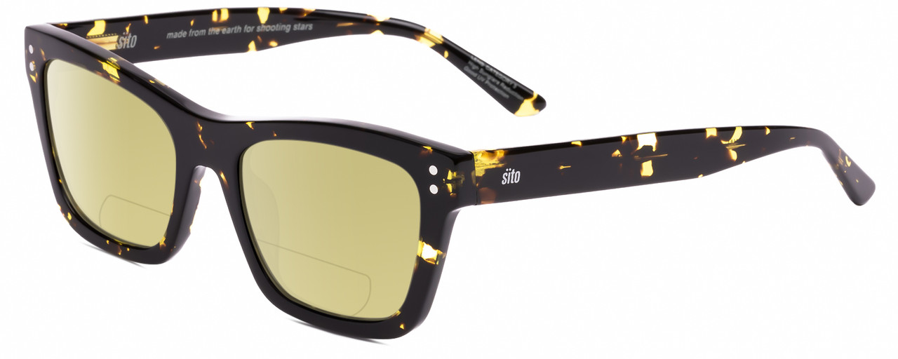 Profile View of SITO SHADES BREAK OF DAWN Designer Polarized Reading Sunglasses with Custom Cut Powered Sun Flower Yellow Lenses in Limeade Yellow Black Tortoise Unisex Square Full Rim Acetate 54 mm