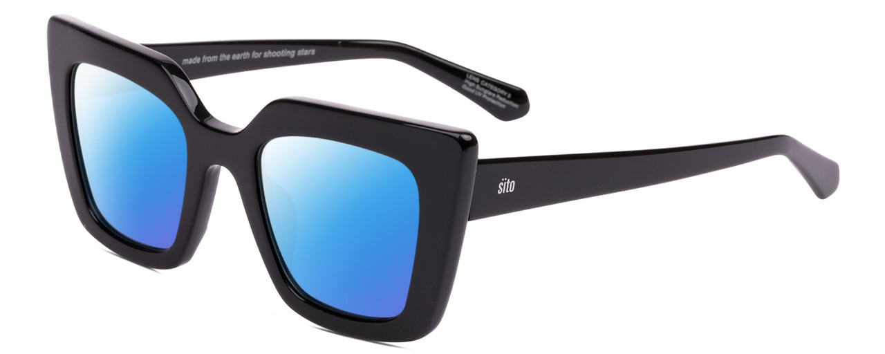 Profile View of SITO SHADES CULT VISION Designer Polarized Sunglasses with Custom Cut Blue Mirror Lenses in Black Ladies Cat Eye Full Rim Acetate 51 mm