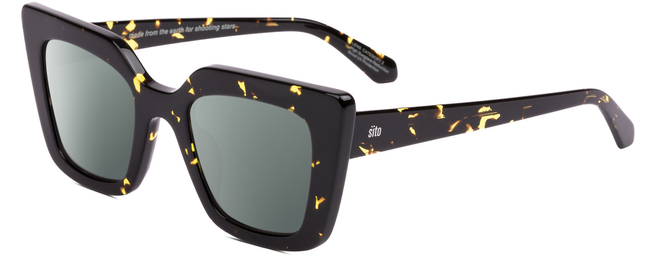 Profile View of SITO SHADES CULT VISION Designer Polarized Sunglasses with Custom Cut Smoke Grey Lenses in Limeade Yellow Black Tortoise Ladies Cat Eye Full Rim Acetate 51 mm