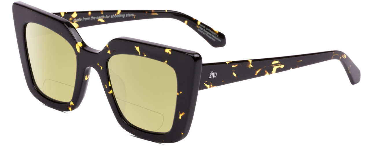 Profile View of SITO SHADES CULT VISION Designer Polarized Reading Sunglasses with Custom Cut Powered Sun Flower Yellow Lenses in Limeade Yellow Black Tortoise Ladies Cat Eye Full Rim Acetate 51 mm
