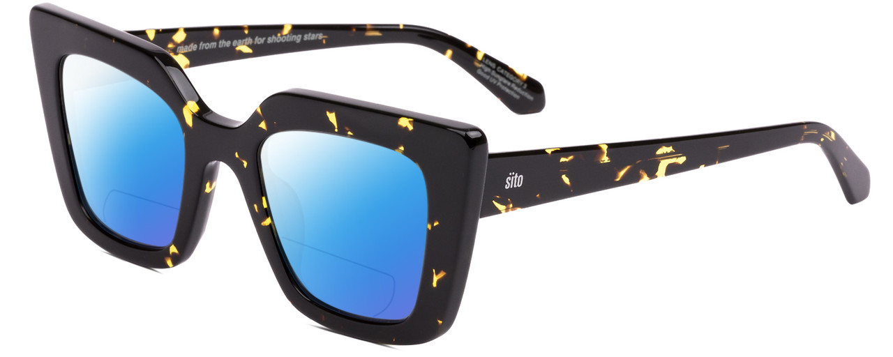 Profile View of SITO SHADES CULT VISION Designer Polarized Reading Sunglasses with Custom Cut Powered Blue Mirror Lenses in Limeade Yellow Black Tortoise Ladies Cat Eye Full Rim Acetate 51 mm