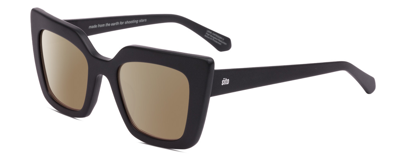 Profile View of SITO SHADES CULT VISION Designer Polarized Sunglasses with Custom Cut Amber Brown Lenses in Matte Black Ladies Cat Eye Full Rim Acetate 51 mm
