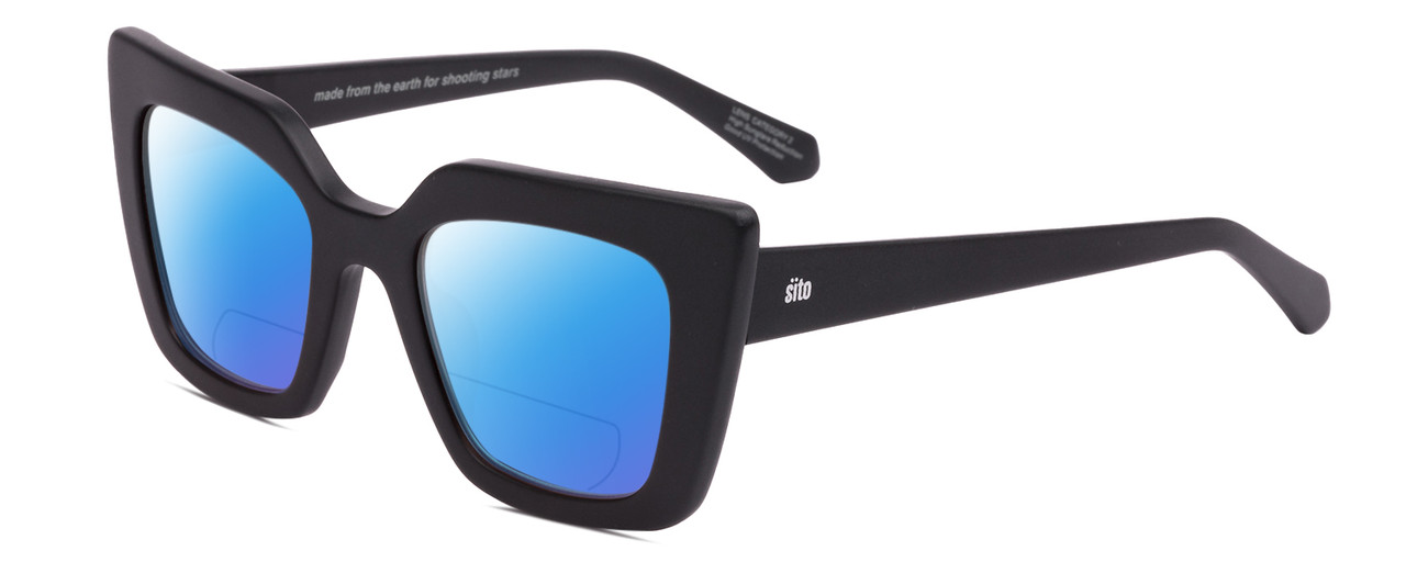 Profile View of SITO SHADES CULT VISION Designer Polarized Reading Sunglasses with Custom Cut Powered Blue Mirror Lenses in Matte Black Ladies Cat Eye Full Rim Acetate 51 mm