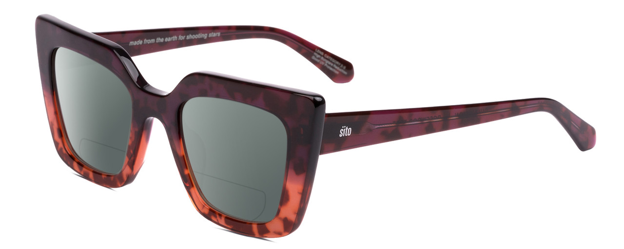 Profile View of SITO SHADES CULT VISION Designer Polarized Reading Sunglasses with Custom Cut Powered Smoke Grey Lenses in Rosewood Purple Tortoise Ladies Cat Eye Full Rim Acetate 51 mm