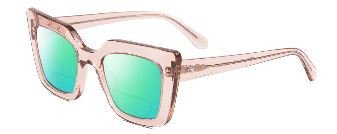 Profile View of SITO SHADES CULT VISION Designer Polarized Reading Sunglasses with Custom Cut Powered Green Mirror Lenses in Sirocco Pink Crystal Ladies Cat Eye Full Rim Acetate 51 mm