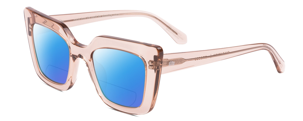 Profile View of SITO SHADES CULT VISION Designer Polarized Reading Sunglasses with Custom Cut Powered Blue Mirror Lenses in Sirocco Pink Crystal Ladies Cat Eye Full Rim Acetate 51 mm
