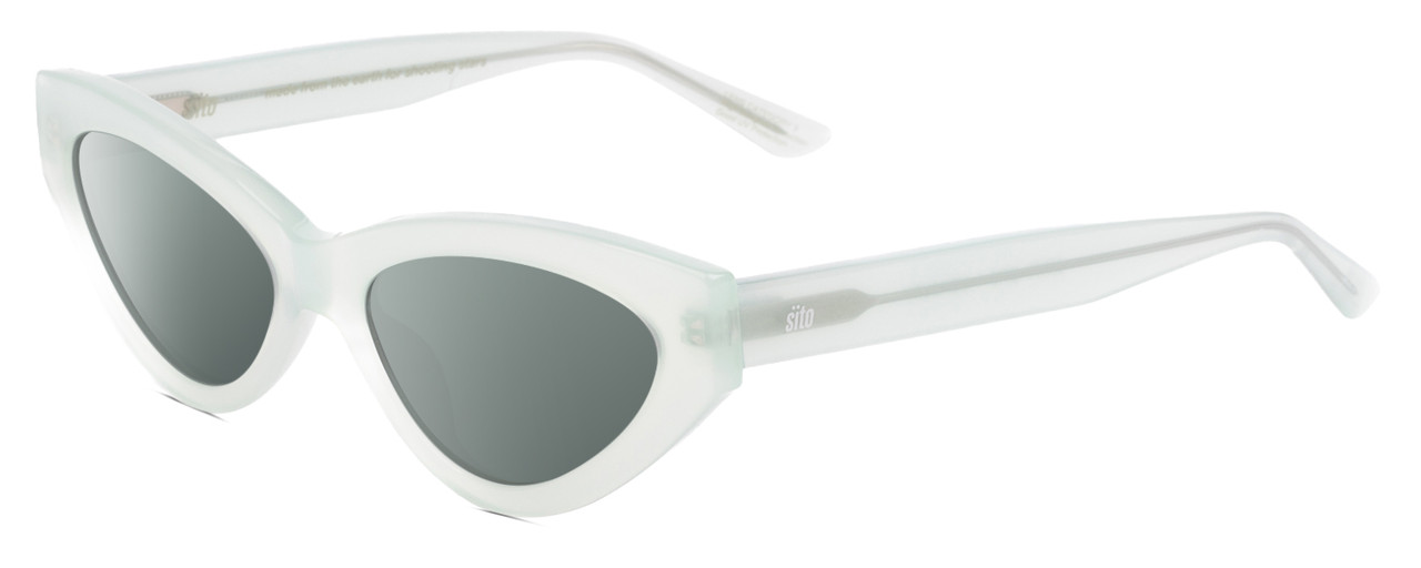 Profile View of SITO SHADES DIRTY EPIC Designer Polarized Sunglasses with Custom Cut Smoke Grey Lenses in Mercury White Grey Crystal Ladies Cat Eye Full Rim Acetate 55 mm