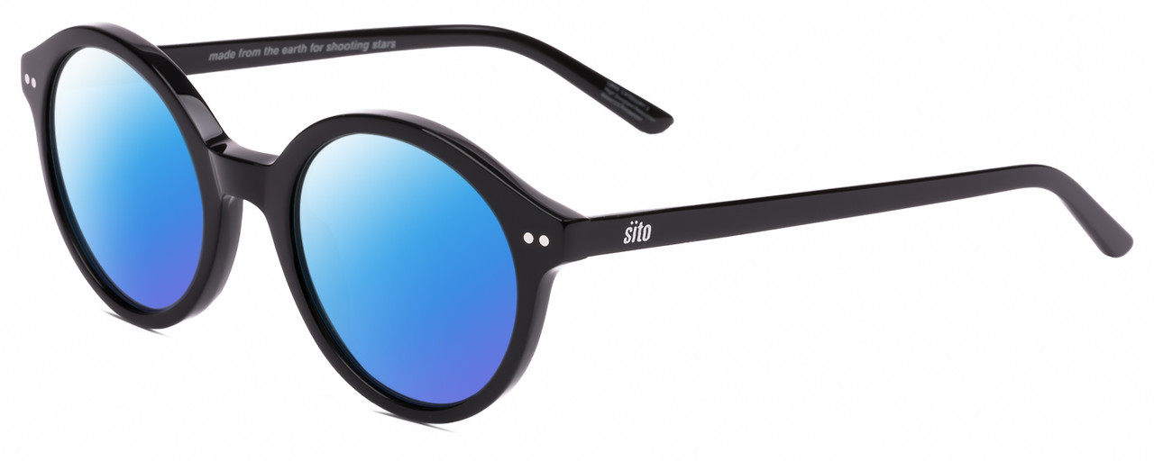 Profile View of SITO SHADES DIXON Designer Polarized Sunglasses with Custom Cut Blue Mirror Lenses in Black  Unisex Round Full Rim Acetate 52 mm