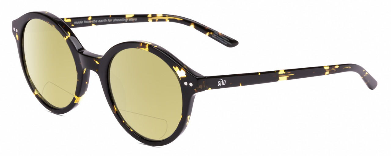 Profile View of SITO SHADES DIXON Designer Polarized Reading Sunglasses with Custom Cut Powered Sun Flower Yellow Lenses in Limeade Yellow Black Tortoise Unisex Round Full Rim Acetate 52 mm