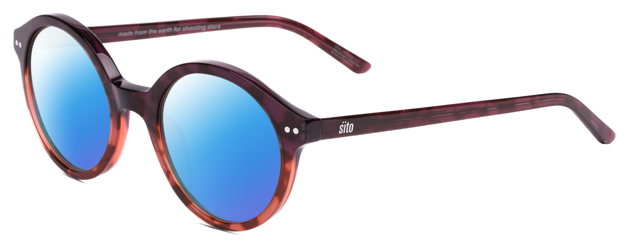 Profile View of SITO SHADES DIXON Designer Polarized Sunglasses with Custom Cut Blue Mirror Lenses in Rosewood Purple Tortoise Unisex Round Full Rim Acetate 52 mm