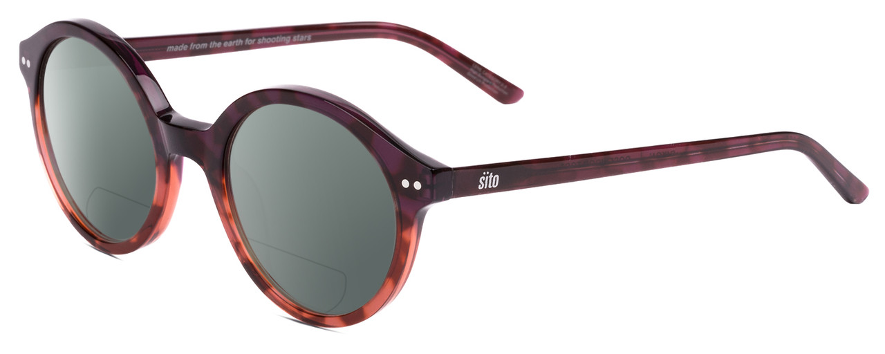 Profile View of SITO SHADES DIXON Designer Polarized Reading Sunglasses with Custom Cut Powered Smoke Grey Lenses in Rosewood Purple Tortoise Unisex Round Full Rim Acetate 52 mm