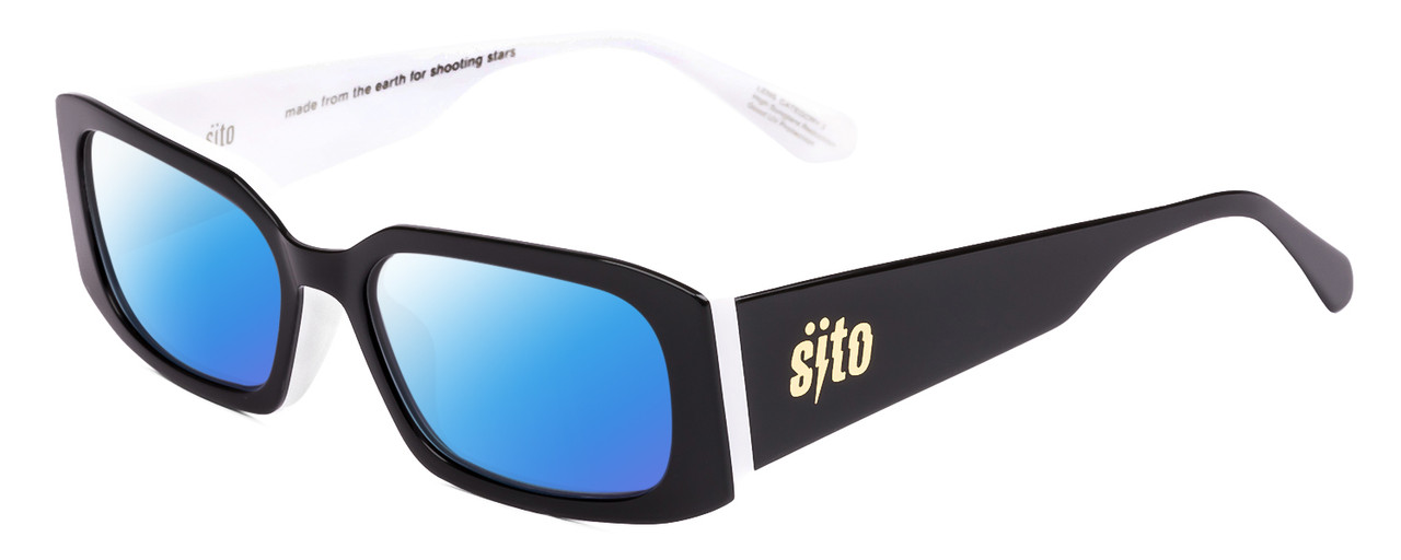 Profile View of SITO SHADES ELECTRO VISION Designer Polarized Sunglasses with Custom Cut Blue Mirror Lenses in Black White Unisex Square Full Rim Acetate 56 mm