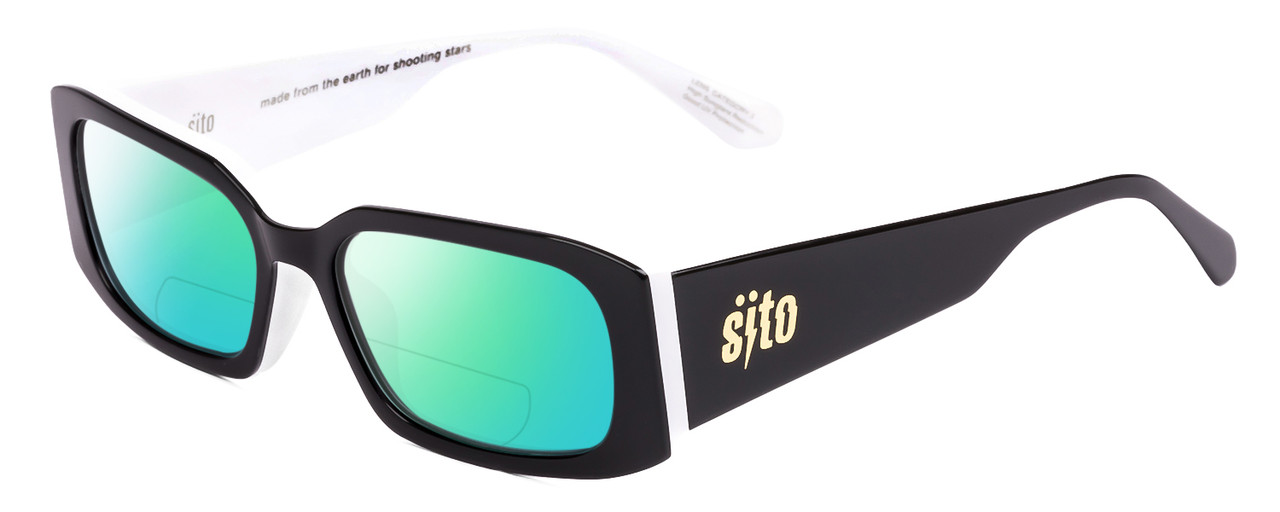 Profile View of SITO SHADES ELECTRO VISION Designer Polarized Reading Sunglasses with Custom Cut Powered Green Mirror Lenses in Black White Unisex Square Full Rim Acetate 56 mm