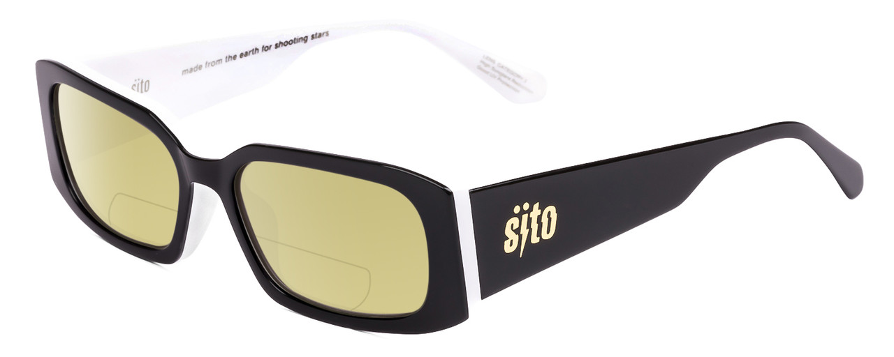 Profile View of SITO SHADES ELECTRO VISION Designer Polarized Reading Sunglasses with Custom Cut Powered Sun Flower Yellow Lenses in Black White Unisex Square Full Rim Acetate 56 mm