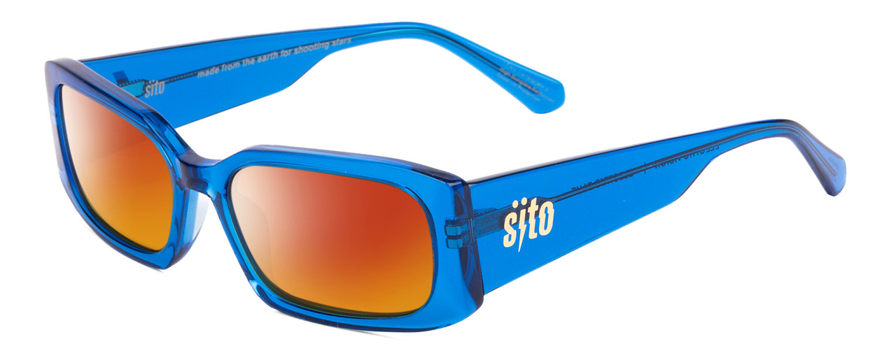 Profile View of SITO SHADES ELECTRO VISION Designer Polarized Sunglasses with Custom Cut Red Mirror Lenses in Electric Blue Crystal Unisex Square Full Rim Acetate 56 mm