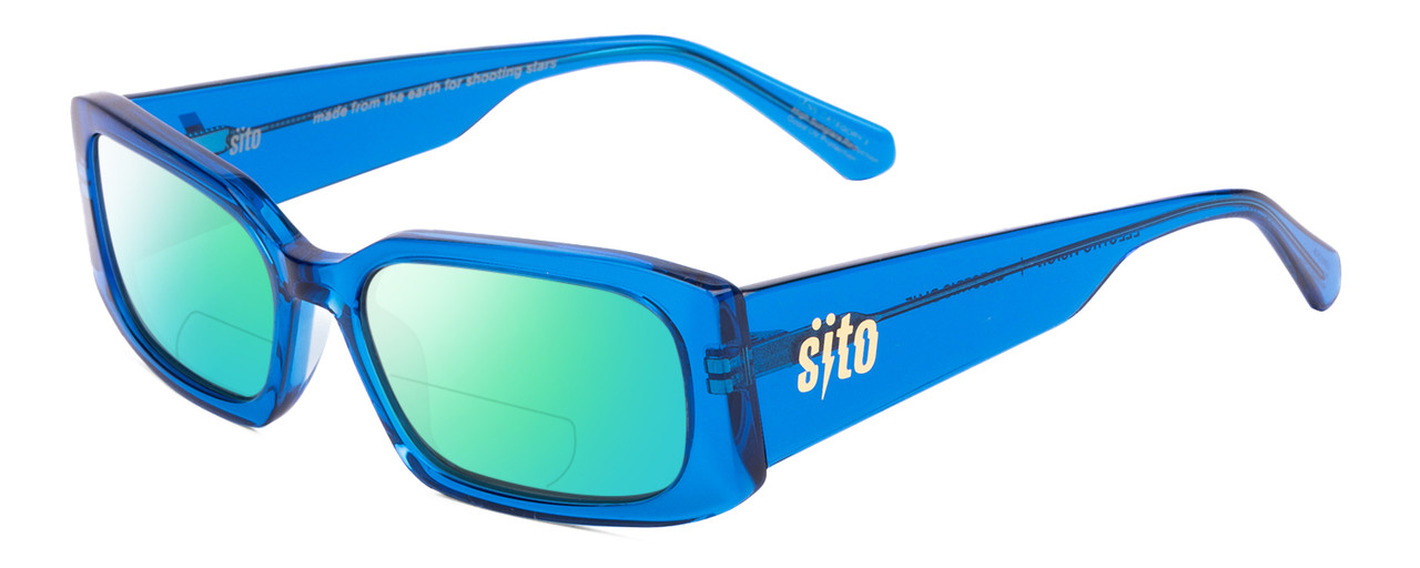 Profile View of SITO SHADES ELECTRO VISION Designer Polarized Reading Sunglasses with Custom Cut Powered Green Mirror Lenses in Electric Blue Crystal Unisex Square Full Rim Acetate 56 mm