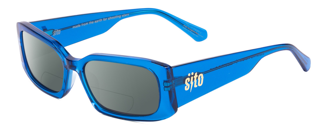 Profile View of SITO SHADES ELECTRO VISION Designer Polarized Reading Sunglasses with Custom Cut Powered Smoke Grey Lenses in Electric Blue Crystal Unisex Square Full Rim Acetate 56 mm