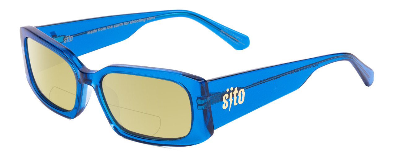 Profile View of SITO SHADES ELECTRO VISION Designer Polarized Reading Sunglasses with Custom Cut Powered Sun Flower Yellow Lenses in Electric Blue Crystal Unisex Square Full Rim Acetate 56 mm