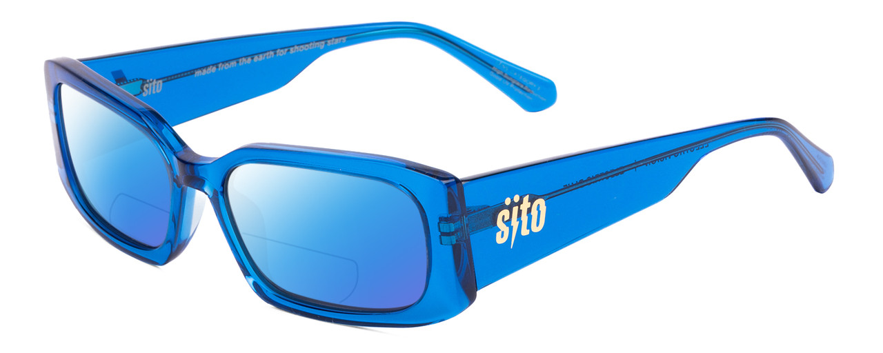 Profile View of SITO SHADES ELECTRO VISION Designer Polarized Reading Sunglasses with Custom Cut Powered Blue Mirror Lenses in Electric Blue Crystal Unisex Square Full Rim Acetate 56 mm