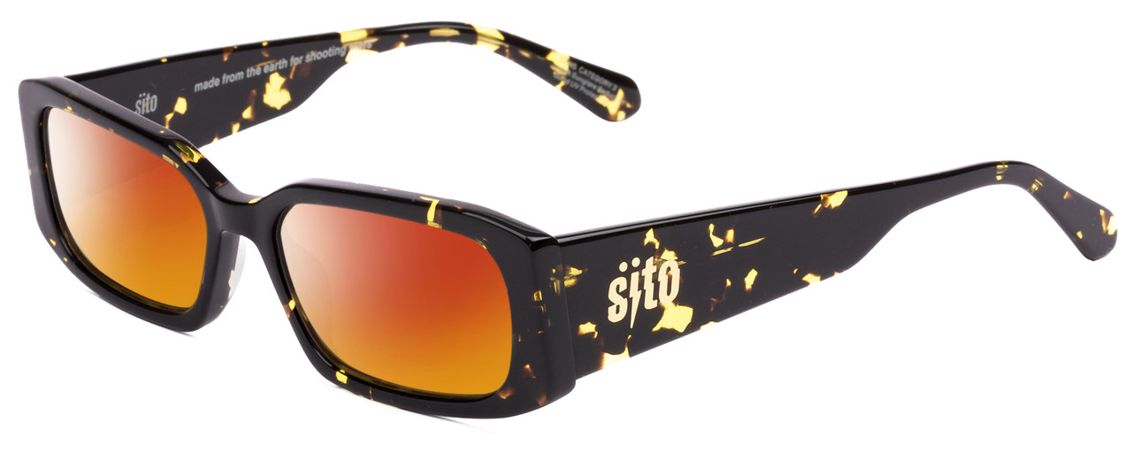 Profile View of SITO SHADES ELECTRO VISION Designer Polarized Sunglasses with Custom Cut Red Mirror Lenses in Limeade Black Yellow Tortoise Unisex Square Full Rim Acetate 56 mm