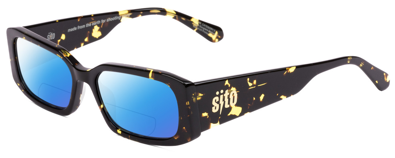 Profile View of SITO SHADES ELECTRO VISION Designer Polarized Reading Sunglasses with Custom Cut Powered Blue Mirror Lenses in Limeade Black Yellow Tortoise Unisex Square Full Rim Acetate 56 mm