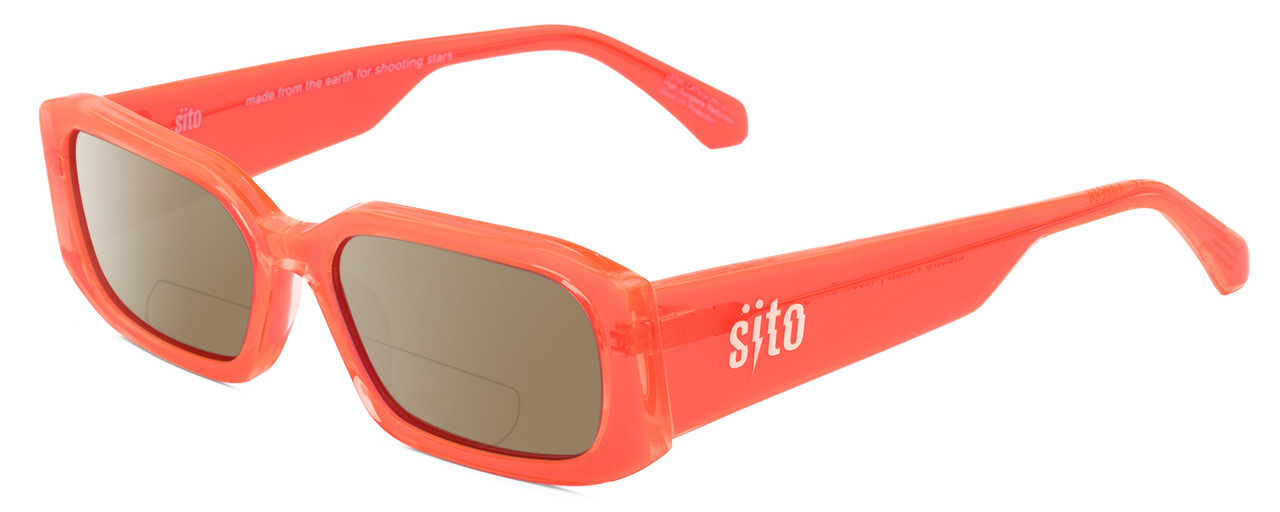 Profile View of SITO SHADES ELECTRO VISION Designer Polarized Reading Sunglasses with Custom Cut Powered Amber Brown Lenses in Neon Peach Orange Unisex Square Full Rim Acetate 56 mm