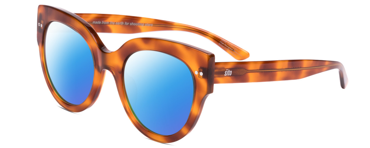 Profile View of SITO SHADES GOOD LIFE Designer Polarized Sunglasses with Custom Cut Blue Mirror Lenses in Amber Tortoise Havana Ladies Round Full Rim Acetate 54 mm