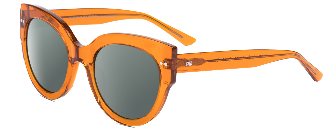 Profile View of SITO SHADES GOOD LIFE Designer Polarized Sunglasses with Custom Cut Smoke Grey Lenses in Amber Orange Crystal Ladies Round Full Rim Acetate 54 mm