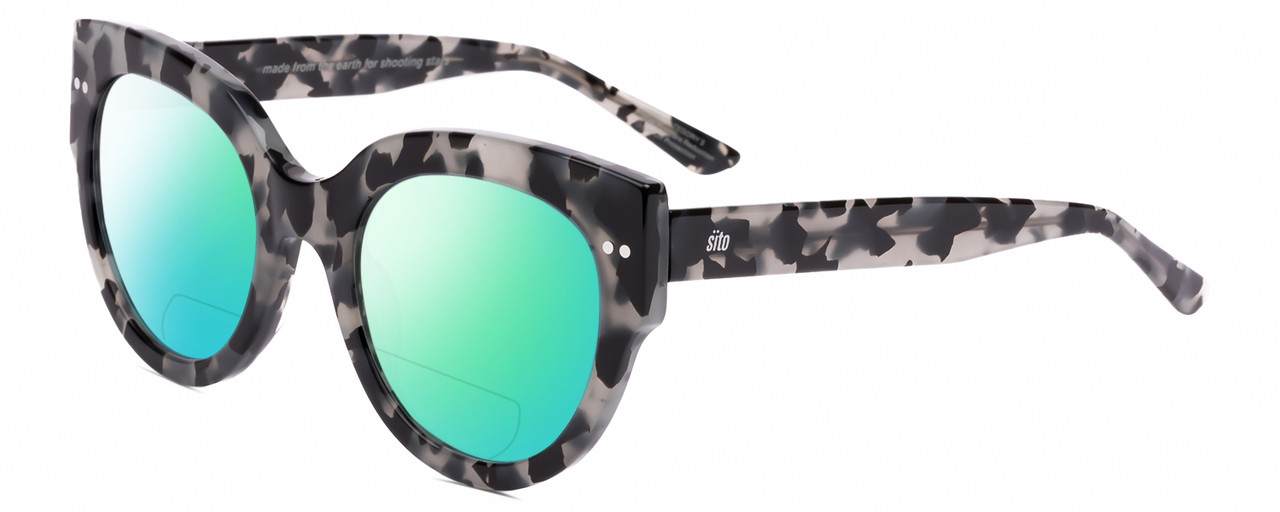 Profile View of SITO SHADES GOOD LIFE Designer Polarized Reading Sunglasses with Custom Cut Powered Green Mirror Lenses in Black Grey Tortoise Ladies Round Full Rim Acetate 54 mm