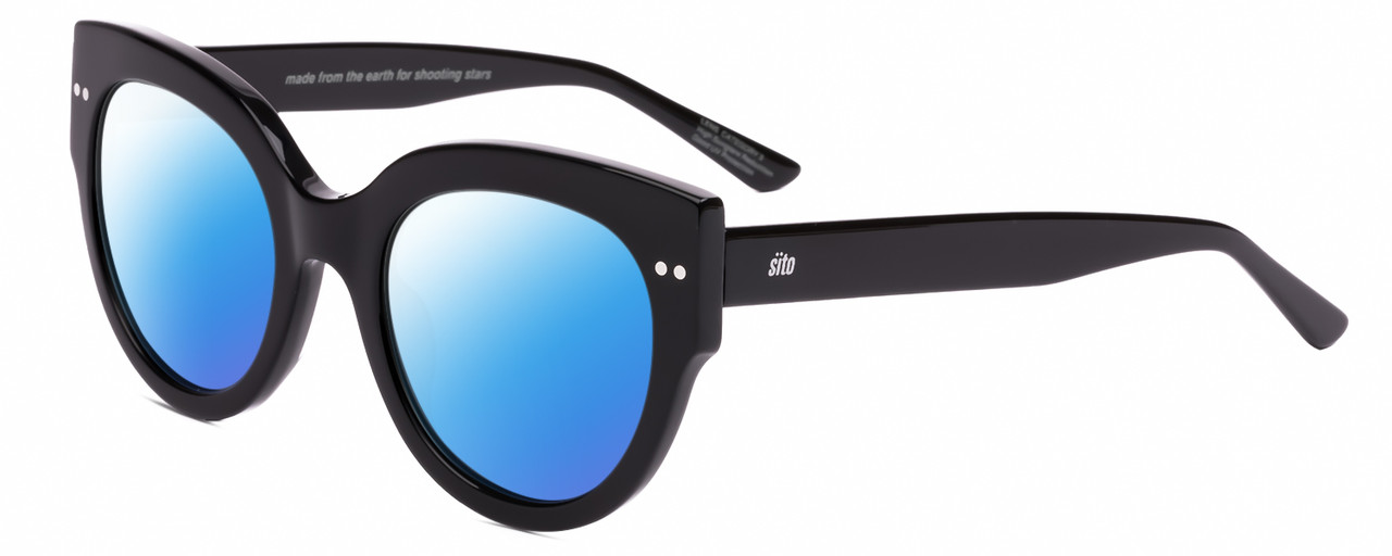 Profile View of SITO SHADES GOOD LIFE Designer Polarized Sunglasses with Custom Cut Blue Mirror Lenses in Black Ladies Round Full Rim Acetate 54 mm