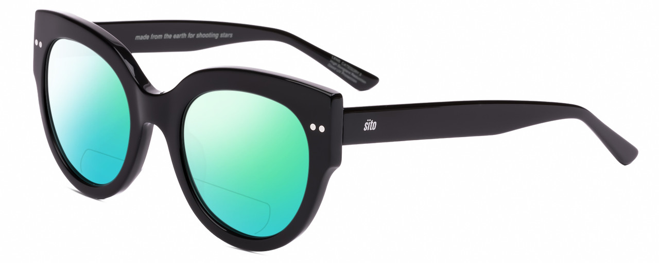 Profile View of SITO SHADES GOOD LIFE Designer Polarized Reading Sunglasses with Custom Cut Powered Green Mirror Lenses in Black Ladies Round Full Rim Acetate 54 mm