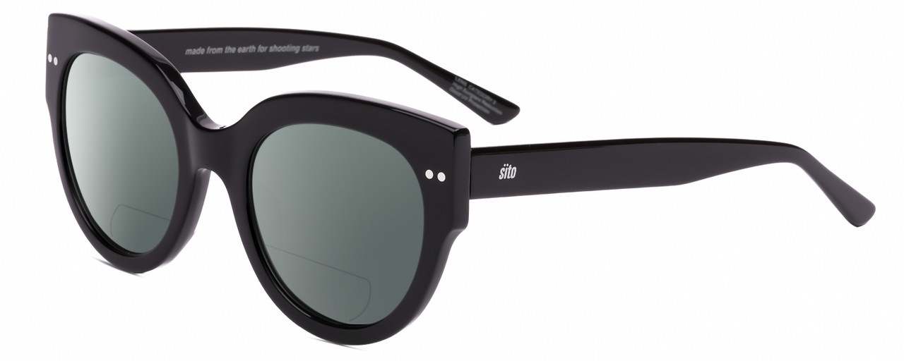 Profile View of SITO SHADES GOOD LIFE Designer Polarized Reading Sunglasses with Custom Cut Powered Smoke Grey Lenses in Black Ladies Round Full Rim Acetate 54 mm