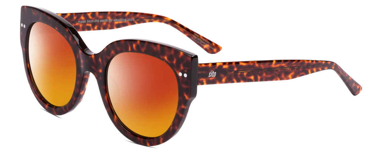 Profile View of SITO SHADES GOOD LIFE Designer Polarized Sunglasses with Custom Cut Red Mirror Lenses in Amber Cheetah Ladies Round Full Rim Acetate 54 mm