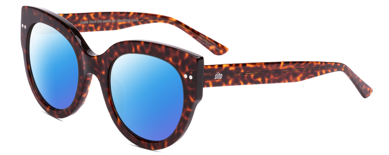 Profile View of SITO SHADES GOOD LIFE Designer Polarized Sunglasses with Custom Cut Blue Mirror Lenses in Amber Cheetah Ladies Round Full Rim Acetate 54 mm