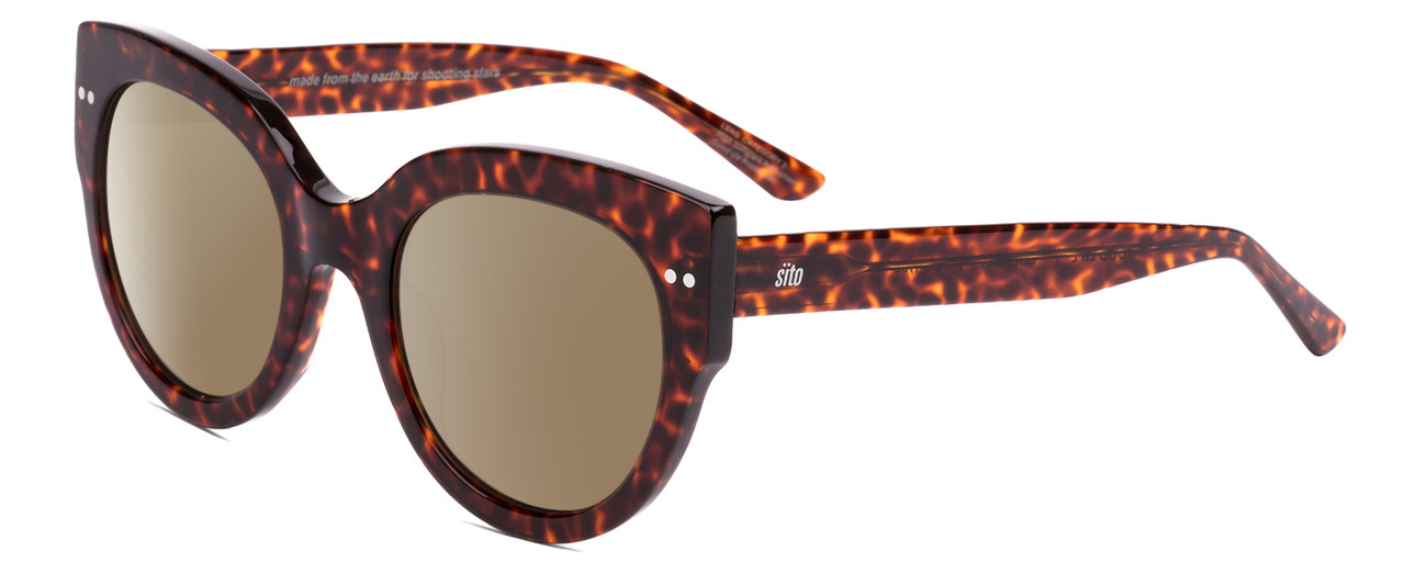 Profile View of SITO SHADES GOOD LIFE Designer Polarized Sunglasses with Custom Cut Amber Brown Lenses in Amber Cheetah Ladies Round Full Rim Acetate 54 mm
