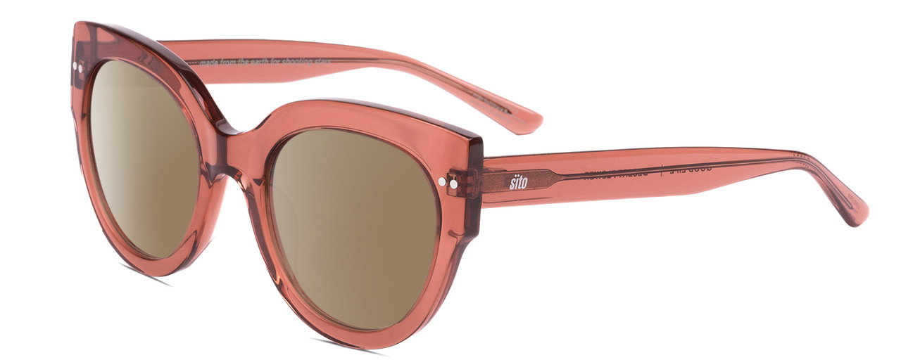 Profile View of SITO SHADES GOOD LIFE Designer Polarized Sunglasses with Custom Cut Amber Brown Lenses in Desert Flower Pink Crystal Ladies Round Full Rim Acetate 54 mm